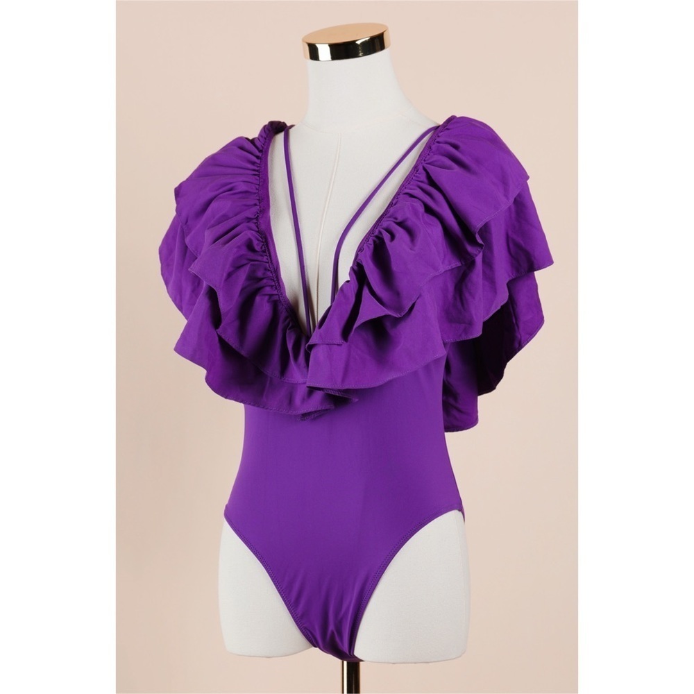 Sz M Zara Blogger’s Favorite Holiday Purple Ruffle Deep V One Piece Swimsuit NWT